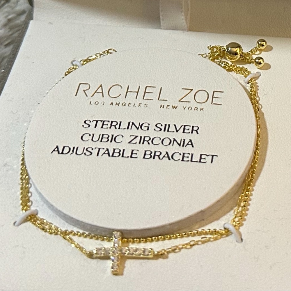 Rachel Zoe Adjustable Bracelet Cubic Zirconia Cross & Gold on Sterling Silver